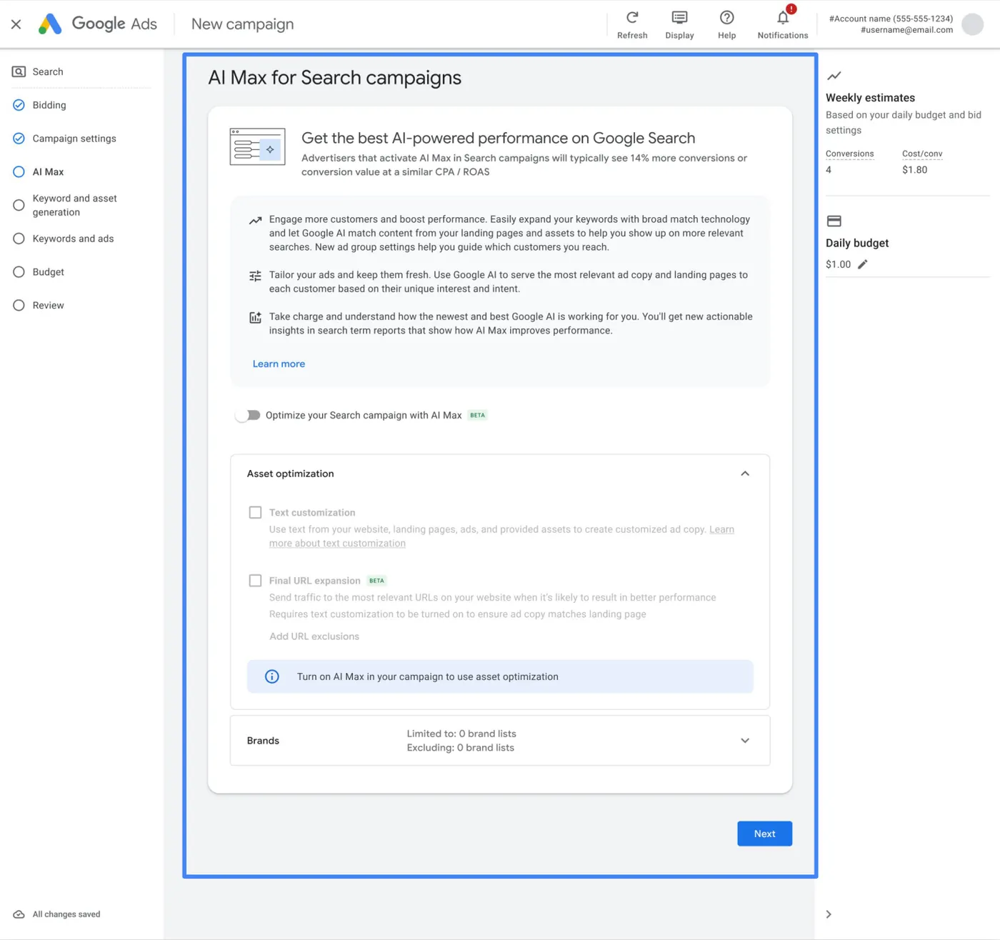 Màn hình cài đặt AI Max cho chiến dịch tìm kiếm trong Google Ads, khung xanh là khu vực bật AI Max