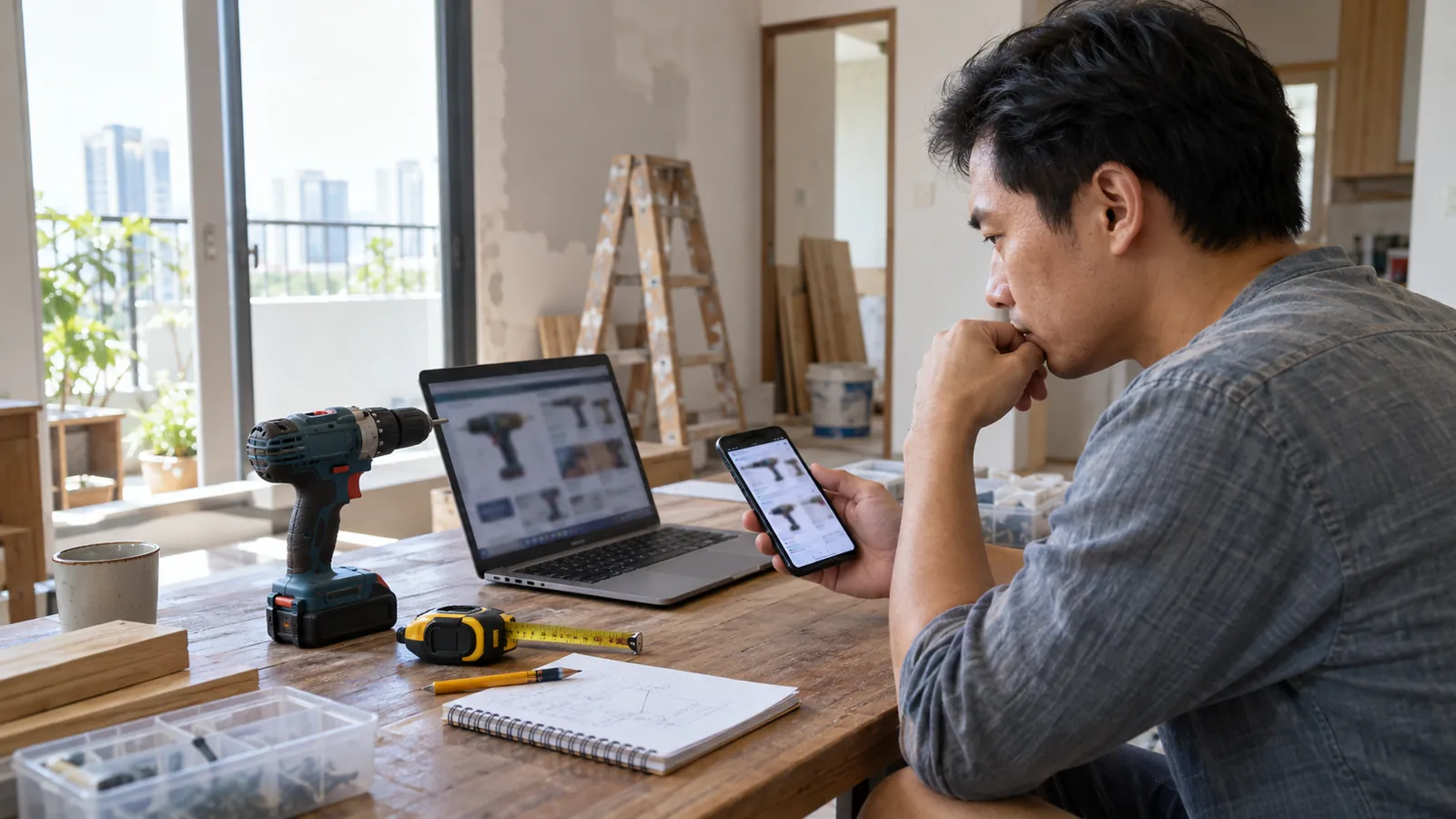 Khách so sánh máy khoan trước khi mua