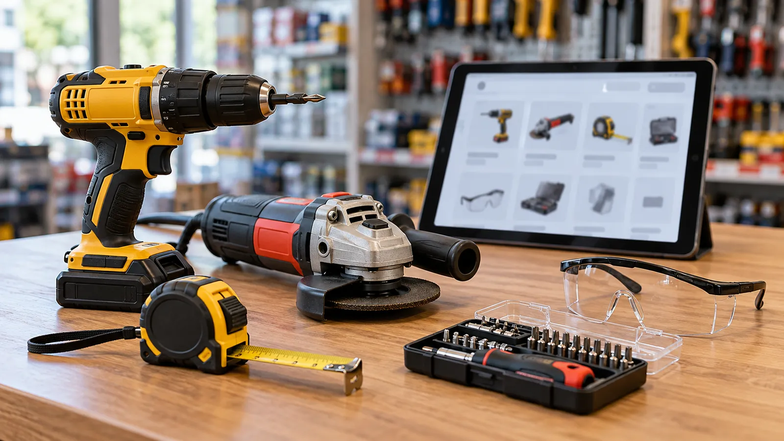 Dụng cụ cầm tay và danh mục sản phẩm trên màn hình