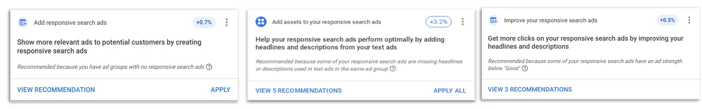 Ba thẻ đề xuất cho quảng cáo tìm kiếm thích ứng trên trang Đề xuất của Google Ads