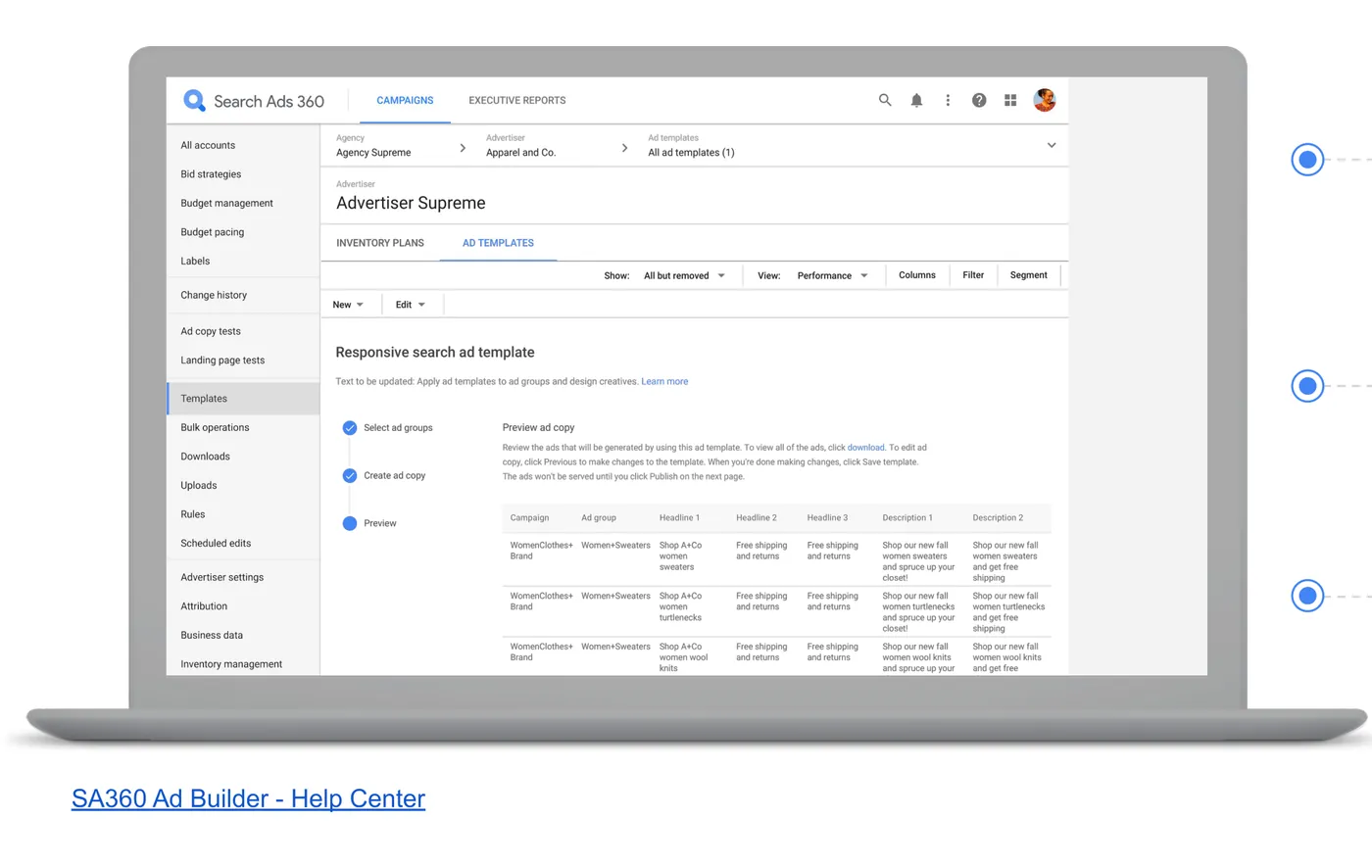 Màn hình Ad Builder trong Search Ads 360 với mẫu quảng cáo tìm kiếm thích ứng