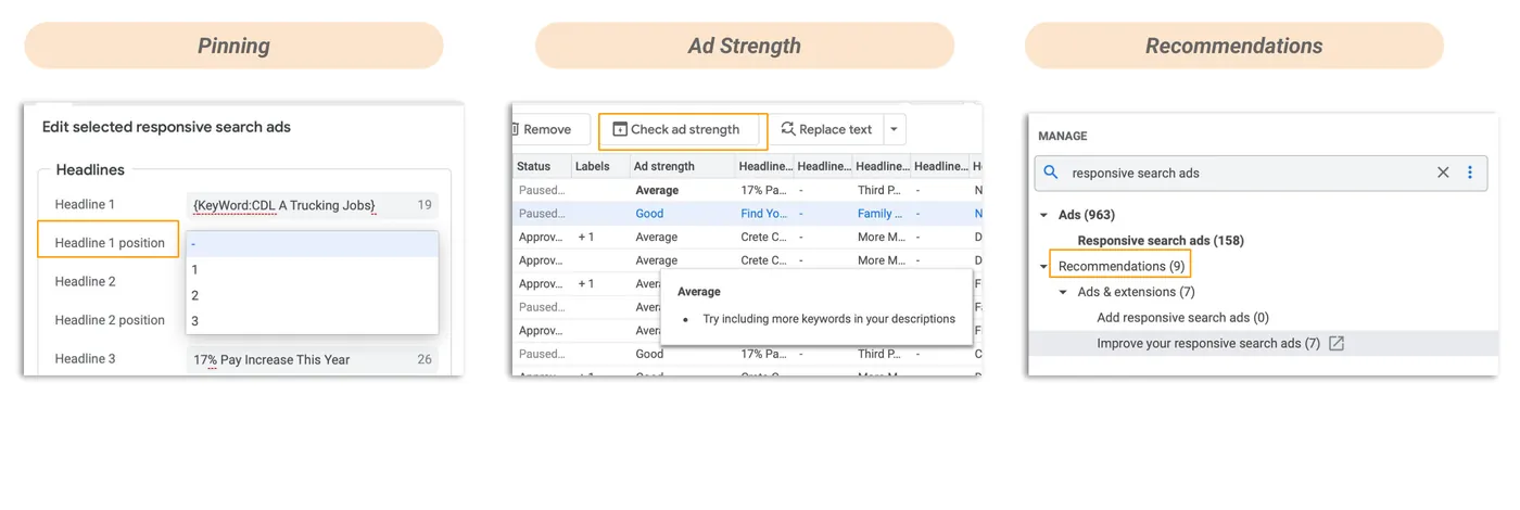 Ba khu vực trong Google Ads Editor: ghim tiêu đề, kiểm tra Độ mạnh quảng cáo và Đề xuất