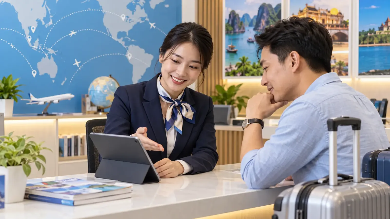 Nhân viên tư vấn khách chọn vé đi lại dịp Tết