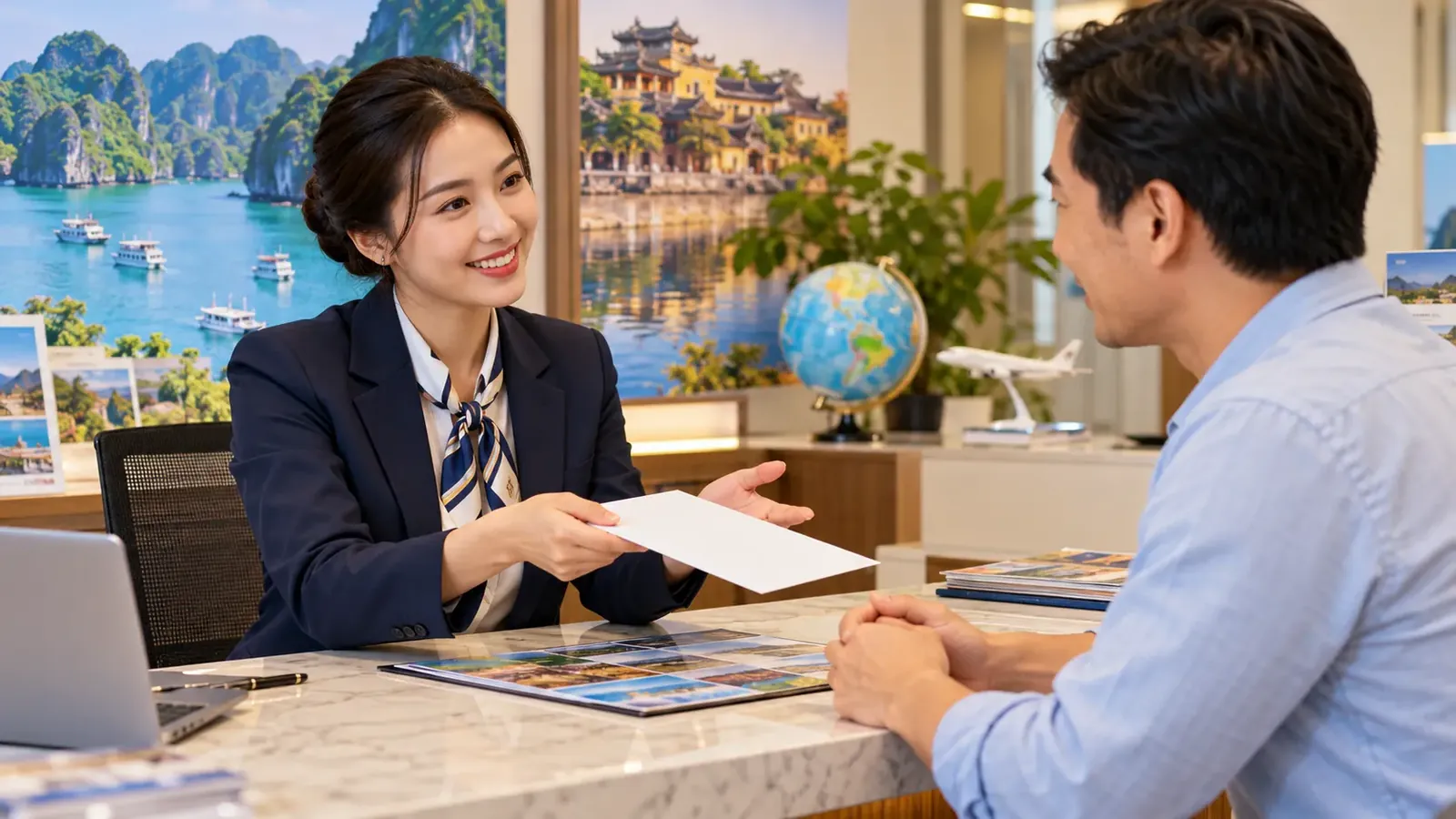 Nhân viên xác nhận thông tin vé với khách hàng