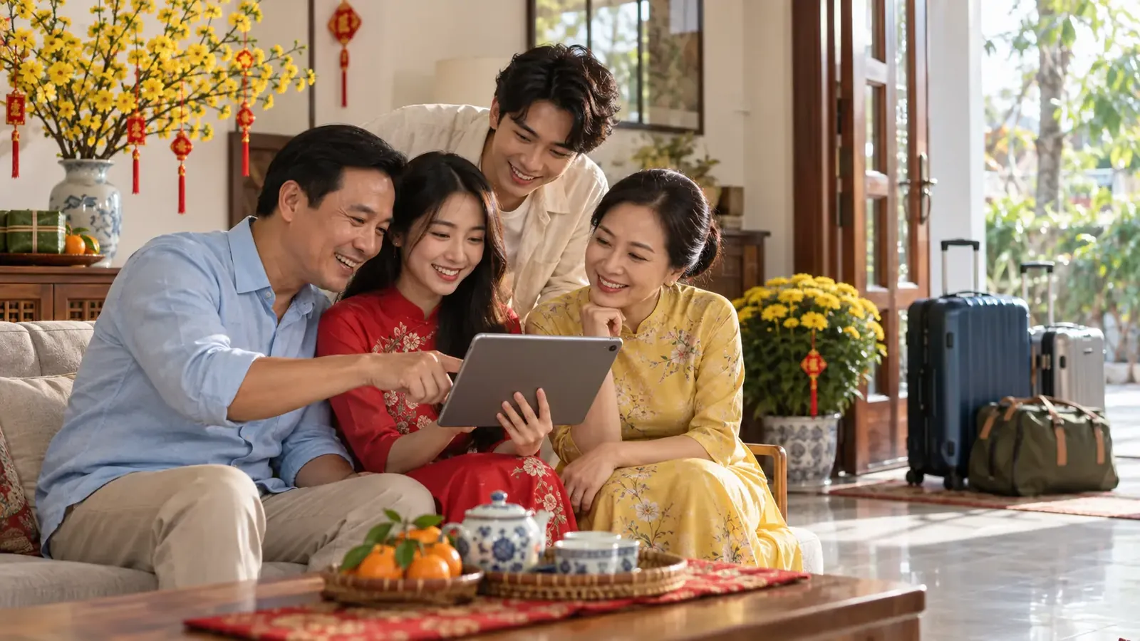 Gia đình đặt vé Tết trực tuyến tại nhà