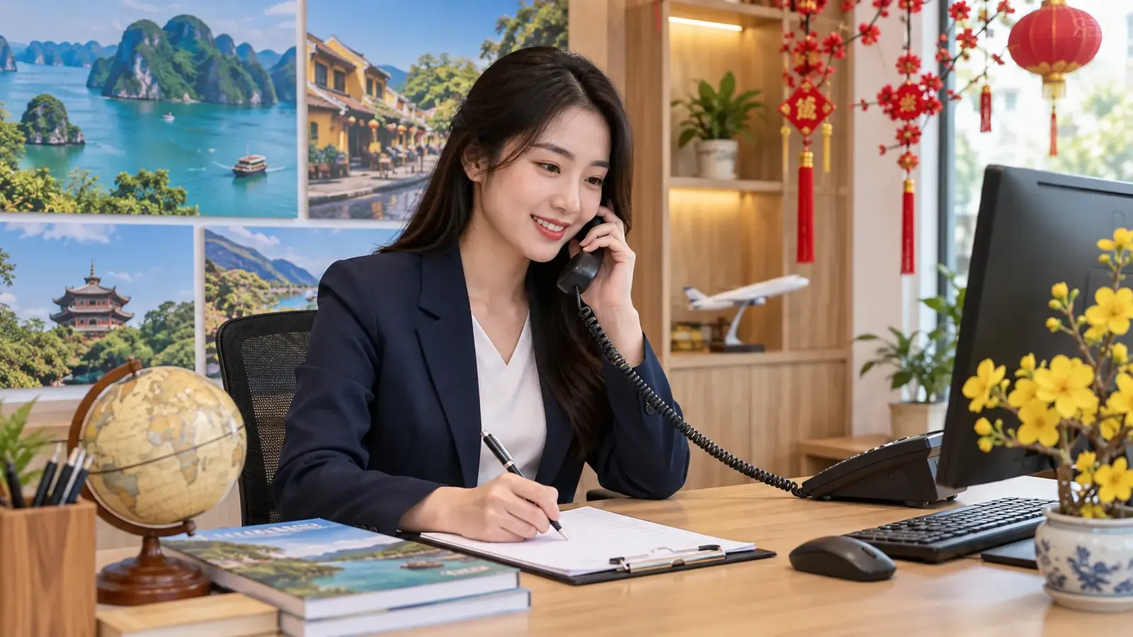 Nhân viên chăm sóc khách hàng tư vấn vé Tết qua điện thoại