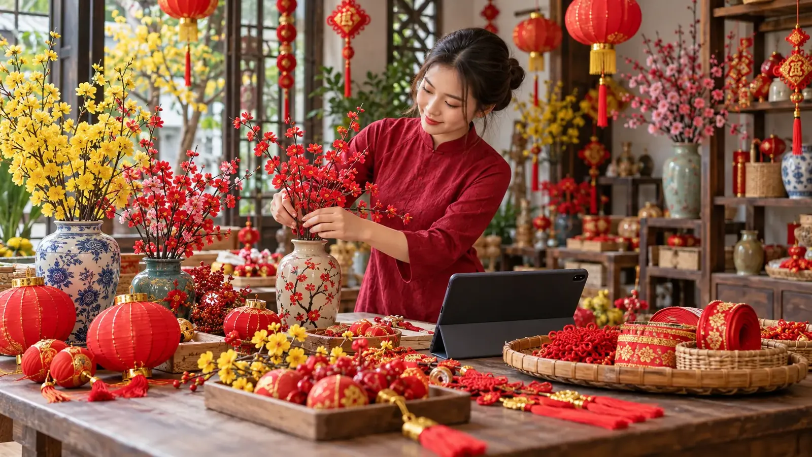 Chủ shop sắp xếp danh mục đồ trang trí Tết