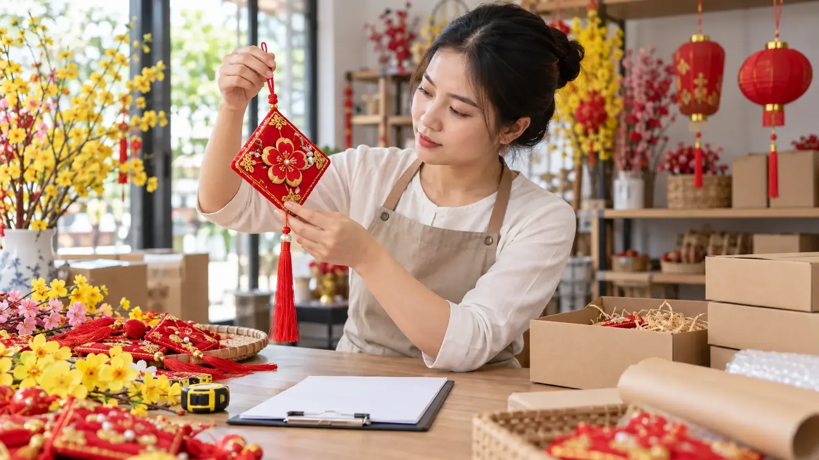 Kiểm tra chất lượng sản phẩm trang trí Tết trước khi bán