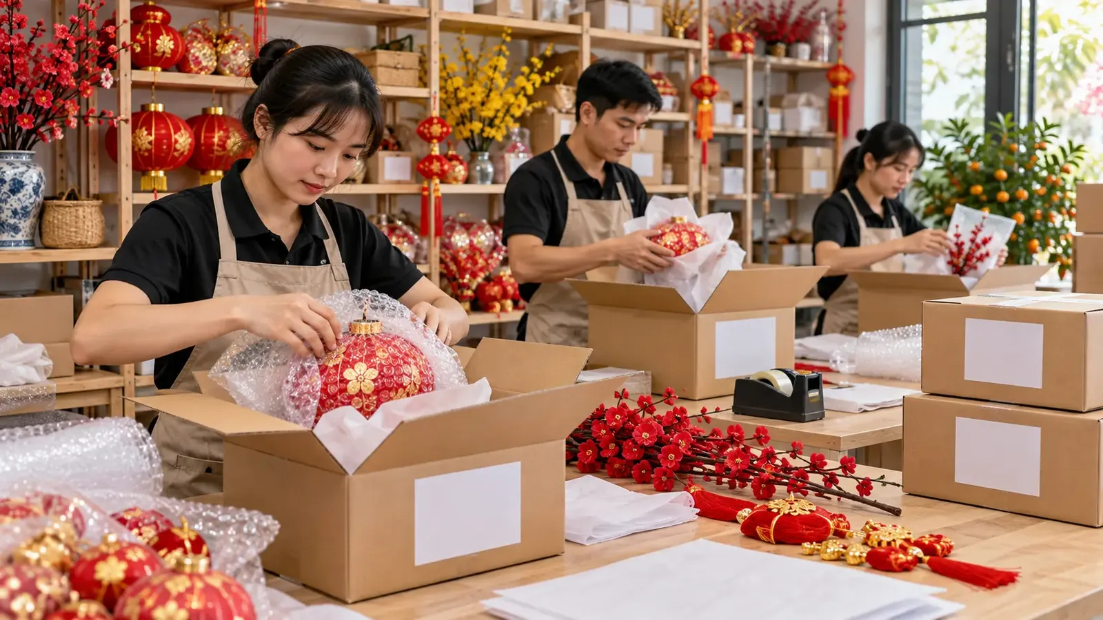 Đóng gói đồ trang trí Tết dễ vỡ để giao hàng