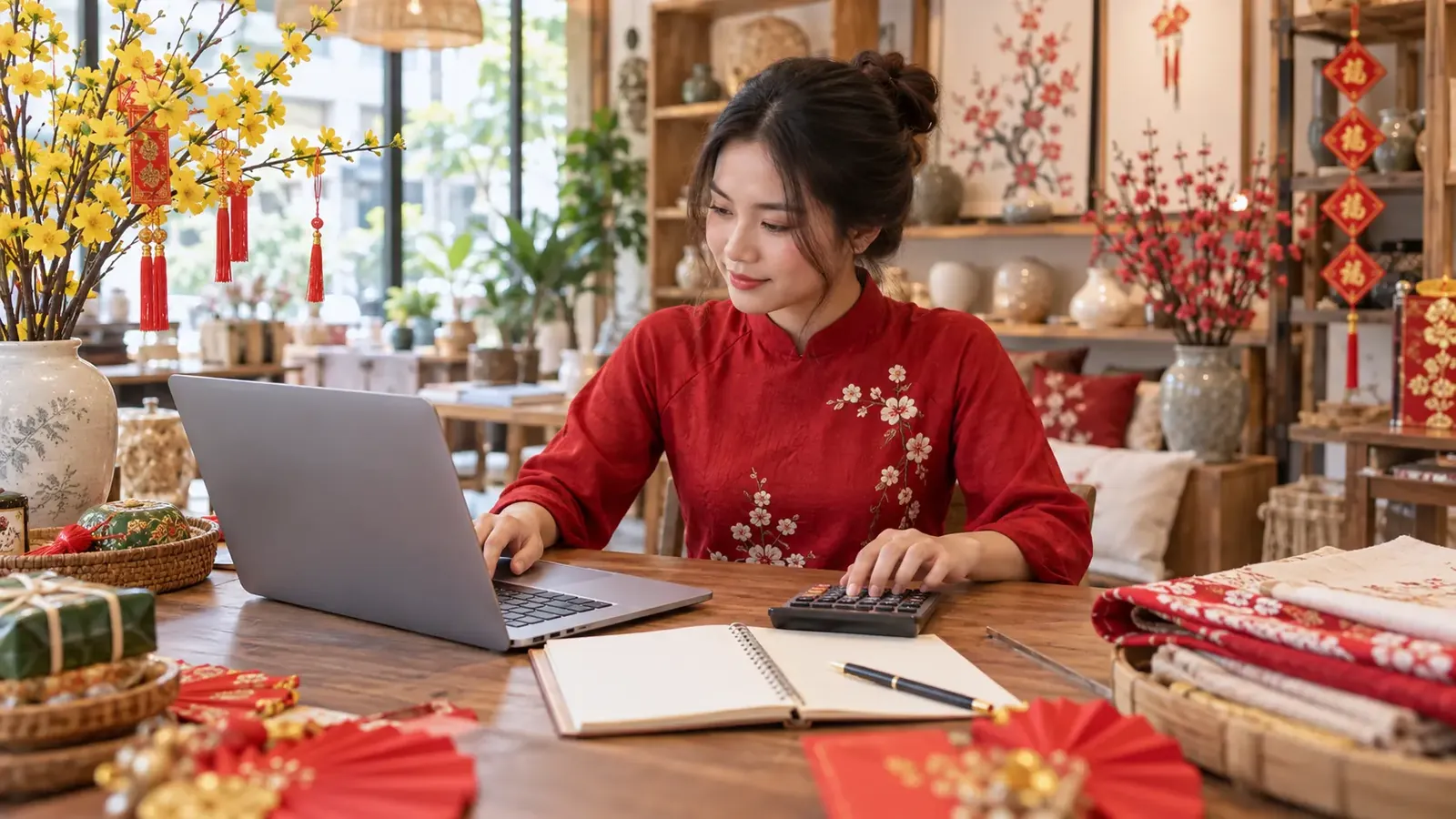 Chủ cửa hàng tính ngân sách quảng cáo đồ trang trí Tết