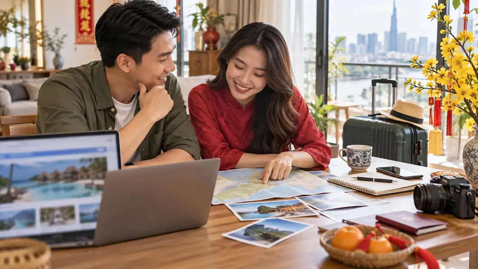 Cặp đôi lên kế hoạch đặt phòng khách sạn dịp Tết