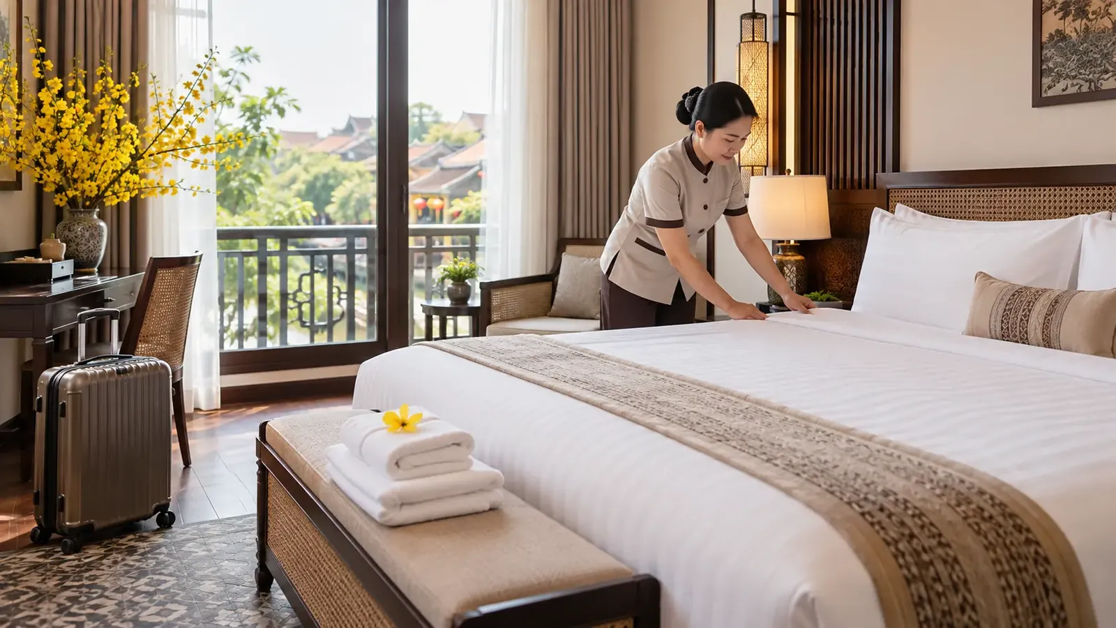 Nhân viên chuẩn bị phòng khách sạn sẵn sàng đón khách dịp Tết