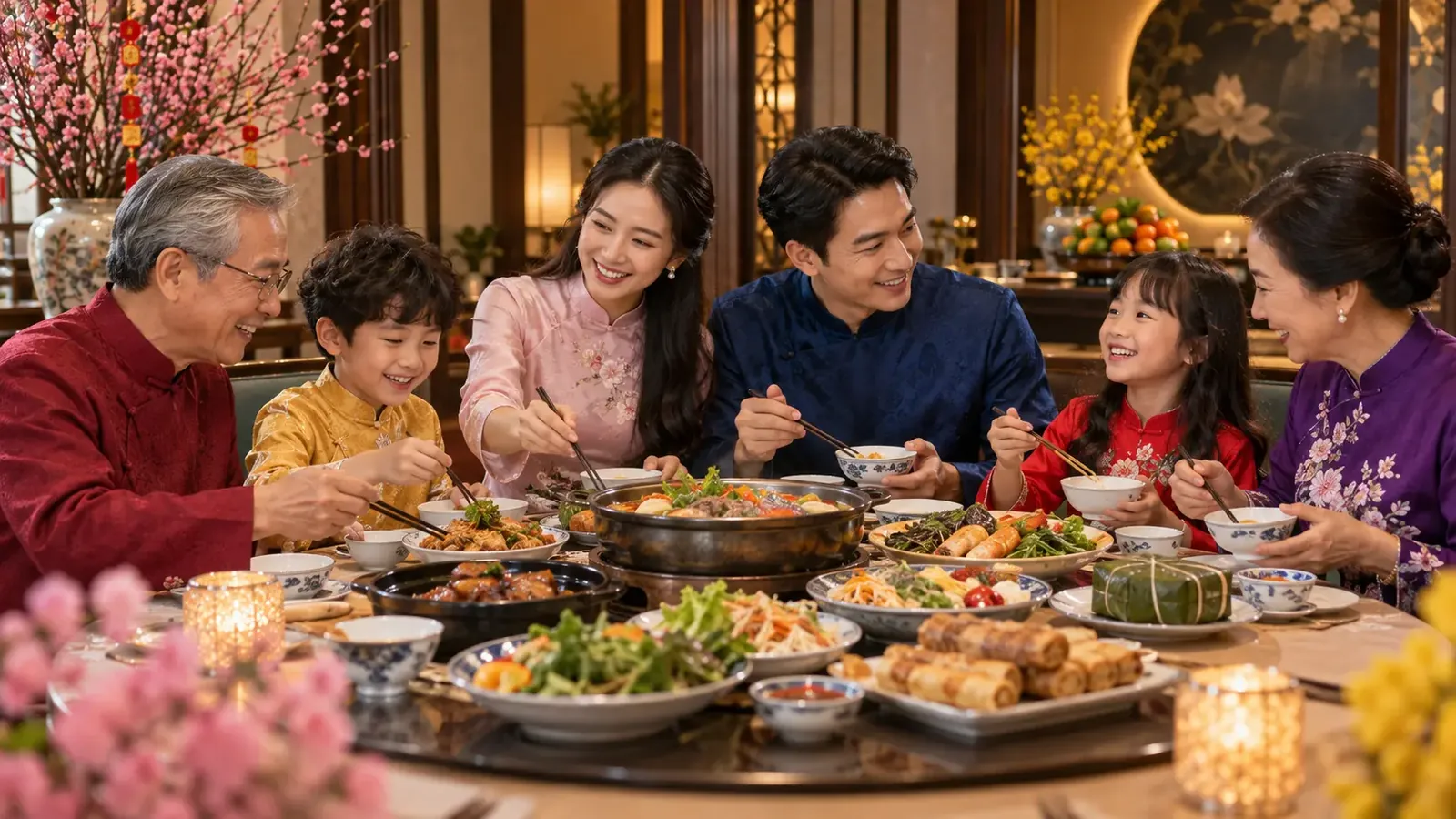 Gia đình dùng bữa tiệc tất niên tại nhà hàng