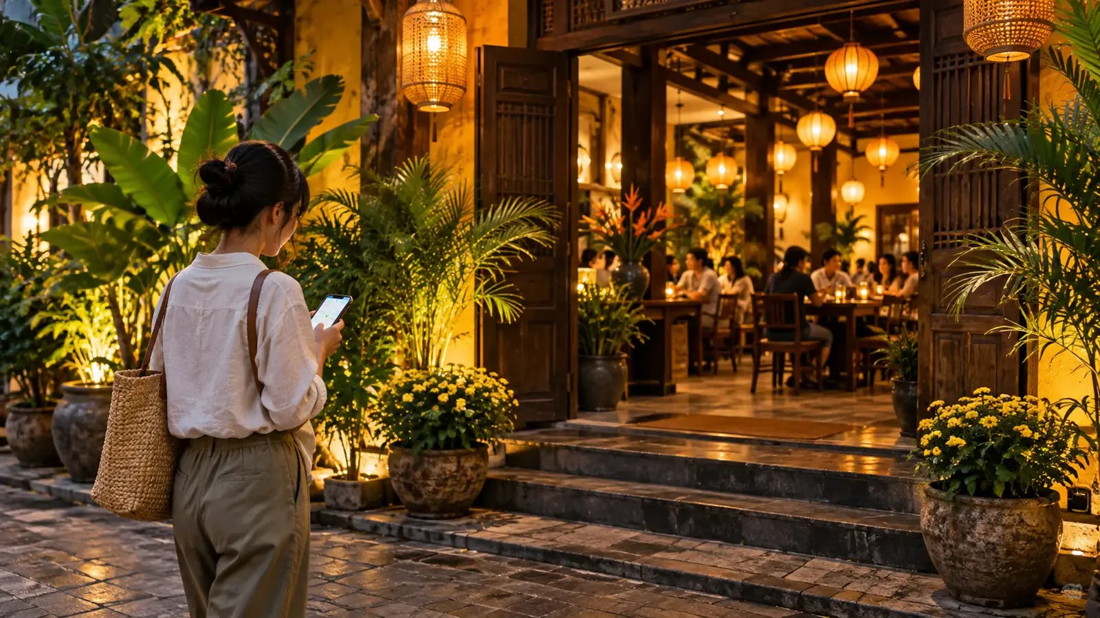 Khách tìm đường đến nhà hàng bằng điện thoại vào buổi tối