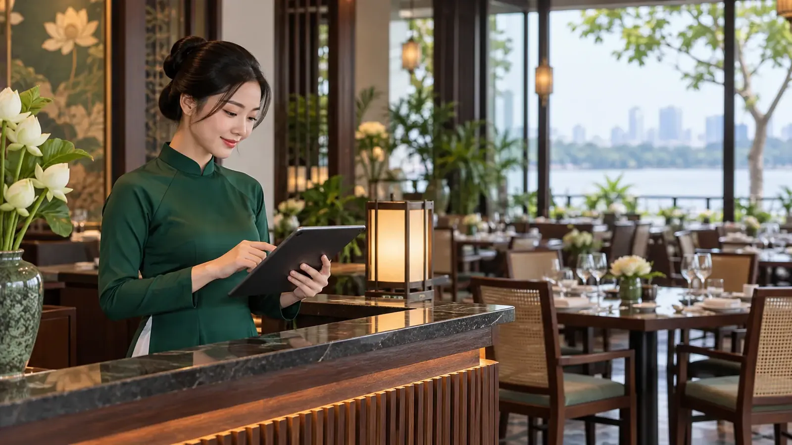 Nhân viên nhà hàng kiểm tra đặt bàn trực tuyến