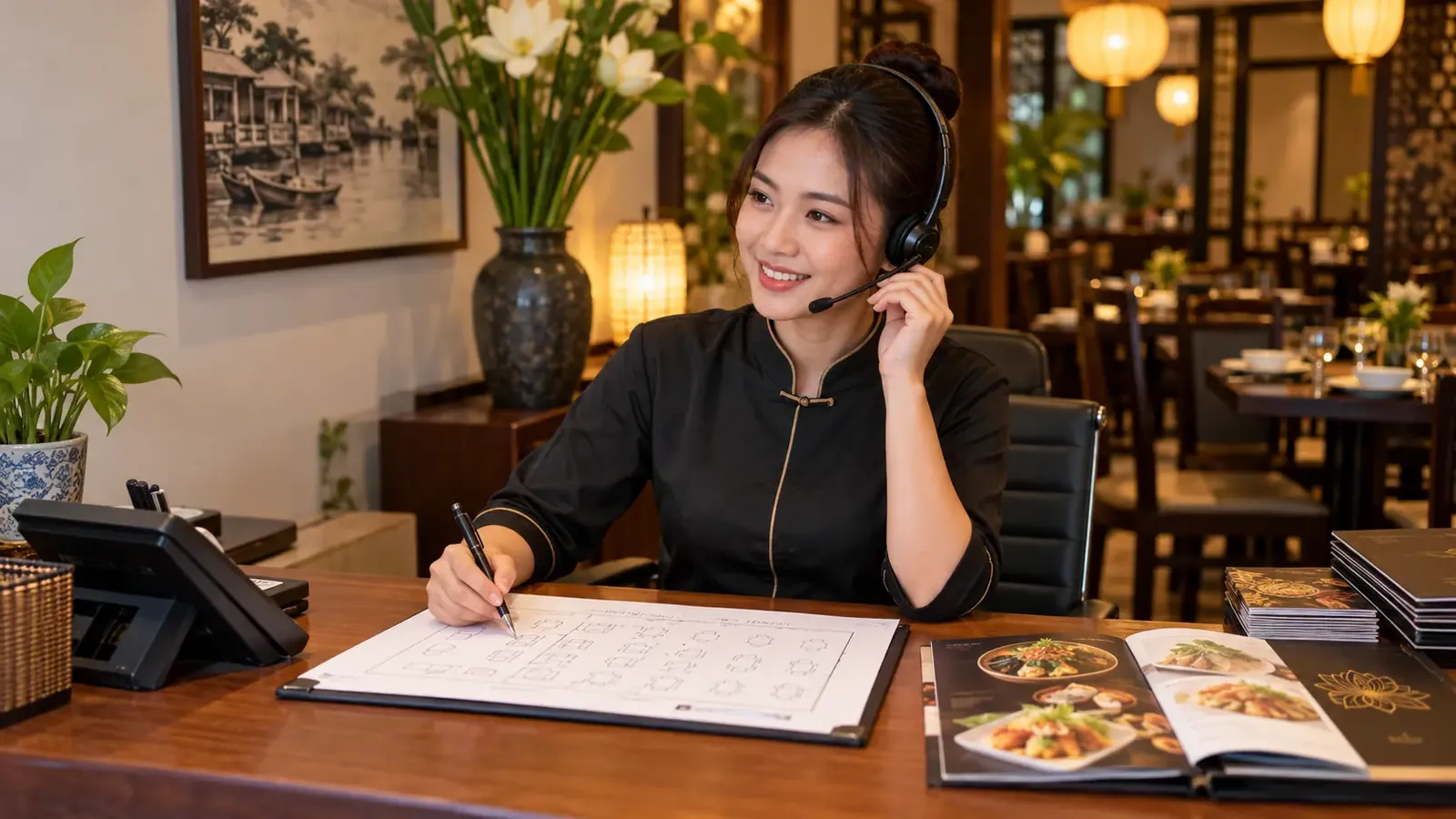 Nhân viên tư vấn nhận yêu cầu đặt tiệc tất niên qua điện thoại