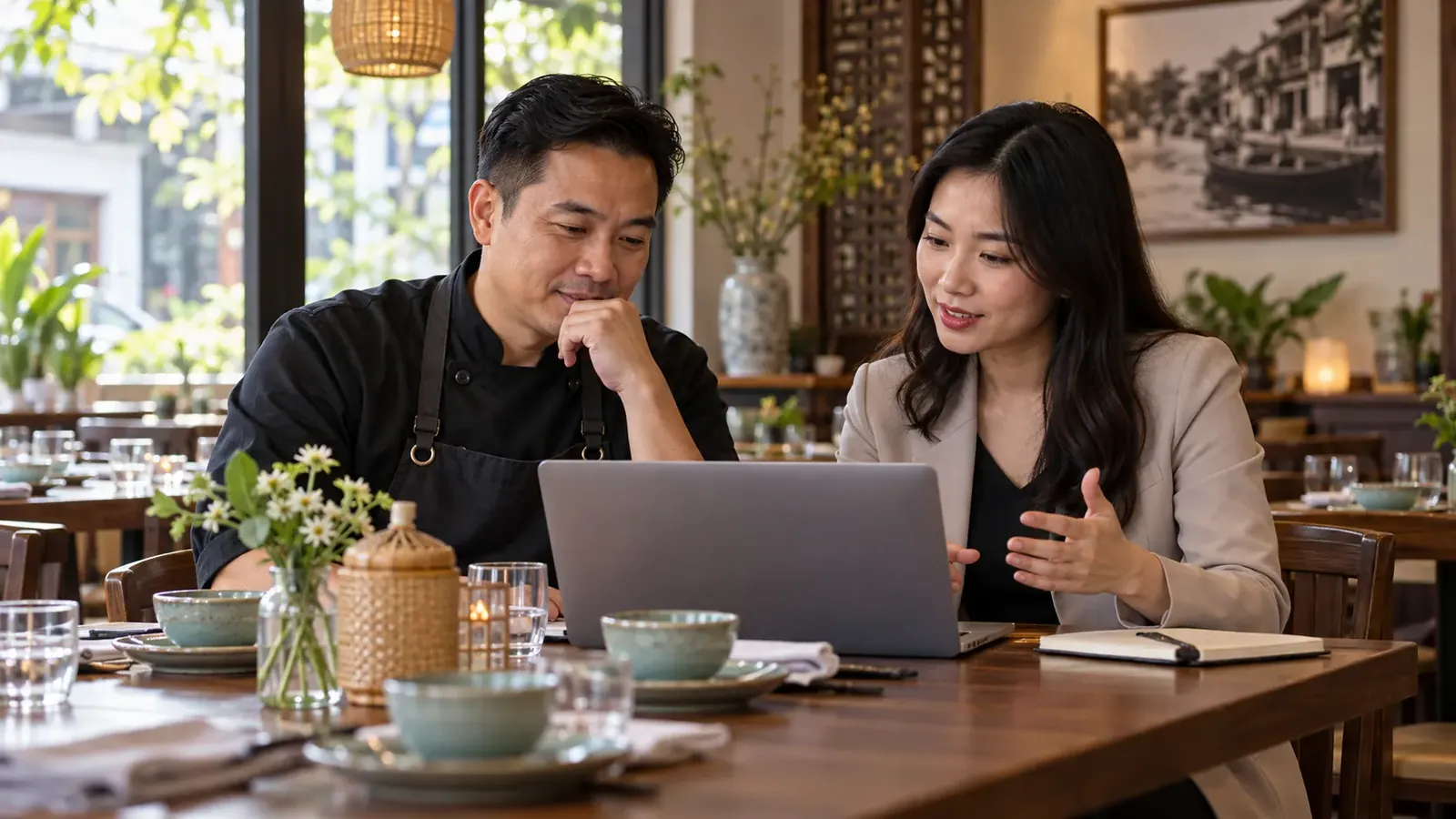 Chủ nhà hàng cùng nhân sự đánh giá hiệu quả đặt bàn