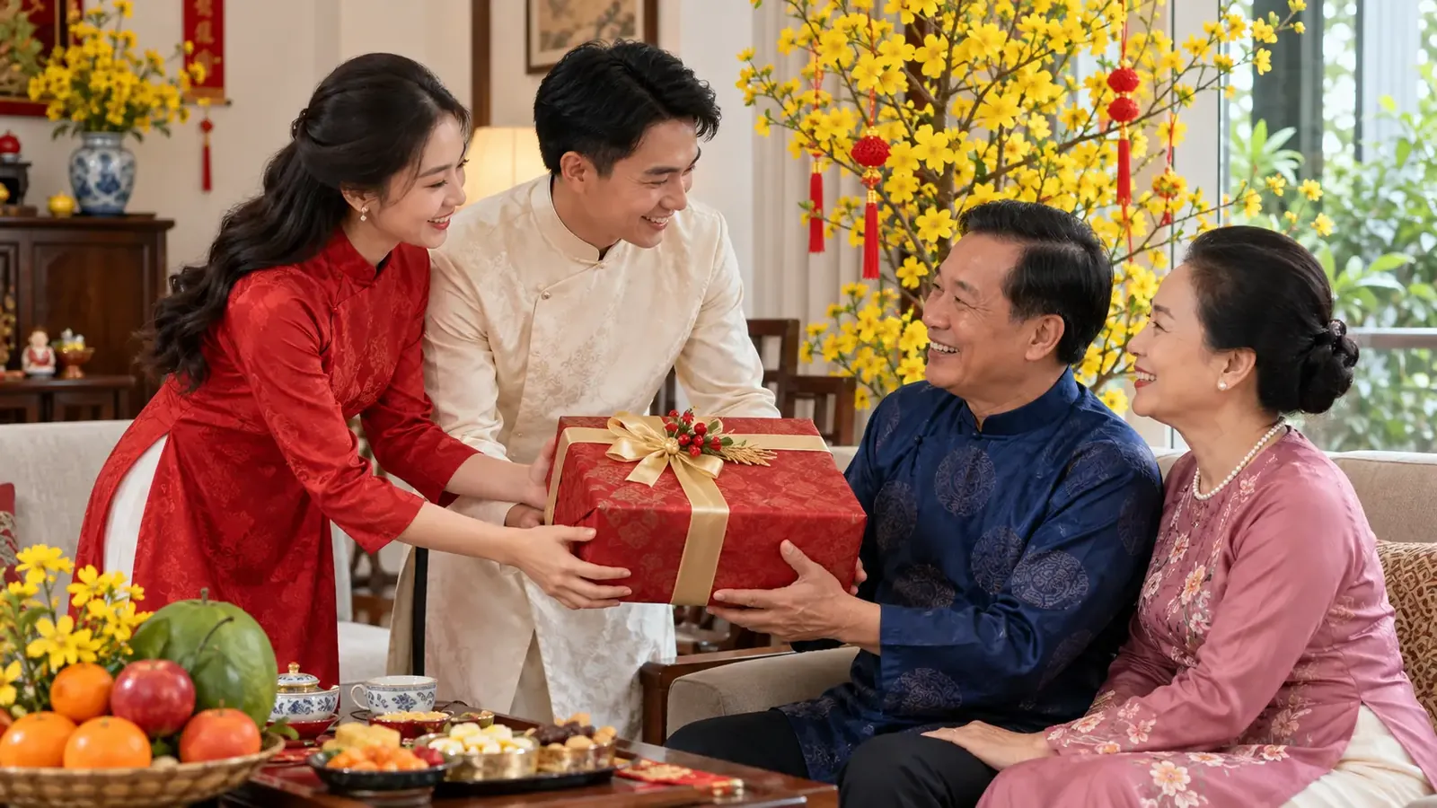 Gia đình tặng hộp quà Tết cho người thân