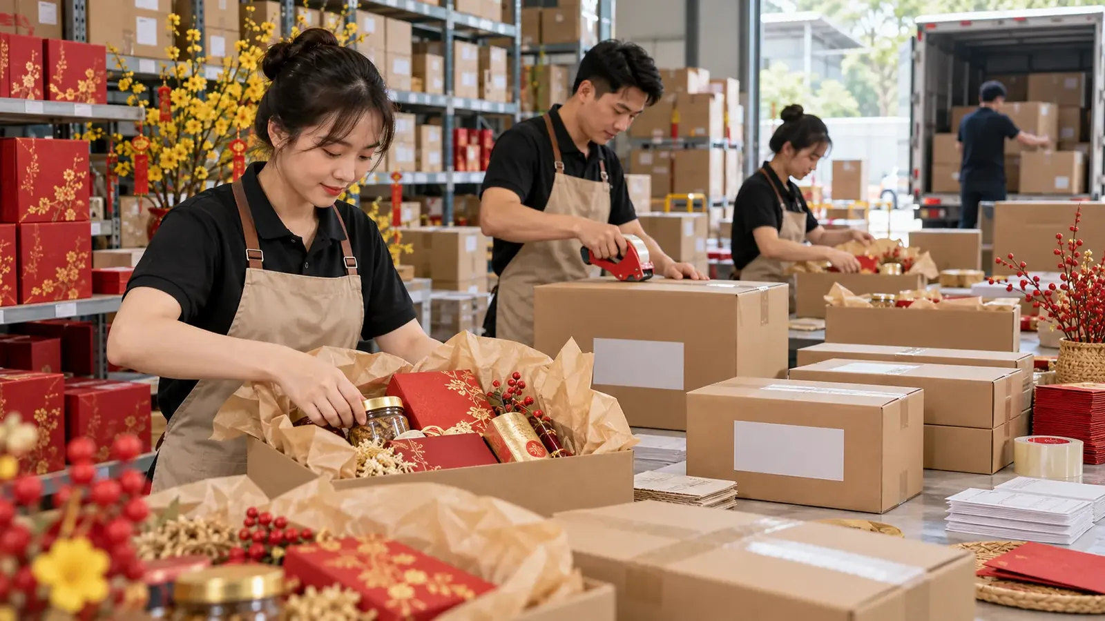 Đóng gói và giao hộp quà Tết mùa cao điểm